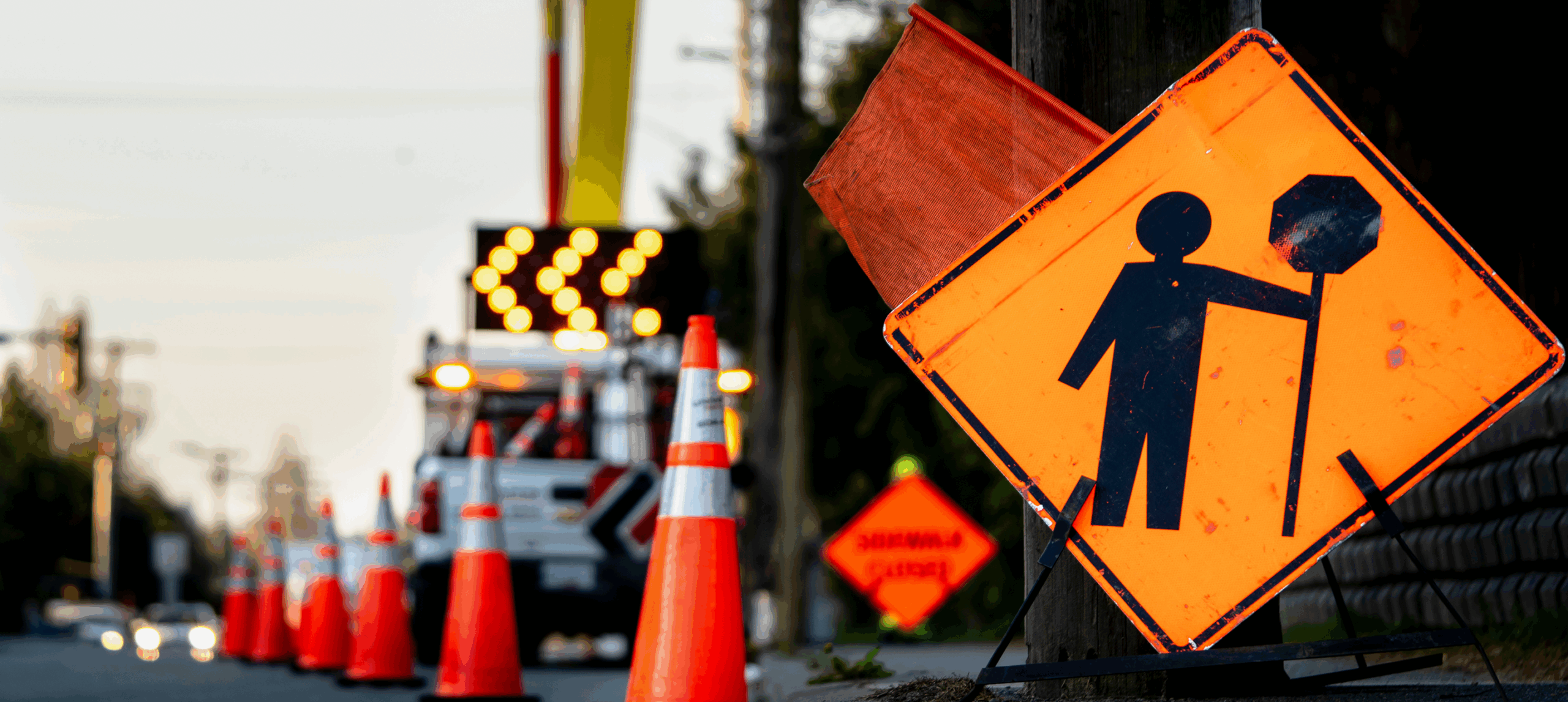 Traffic cones lining a street
