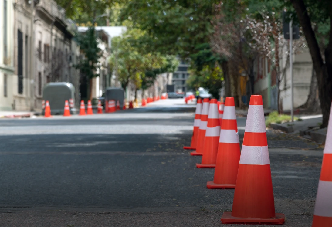 Street with orange traffic cones